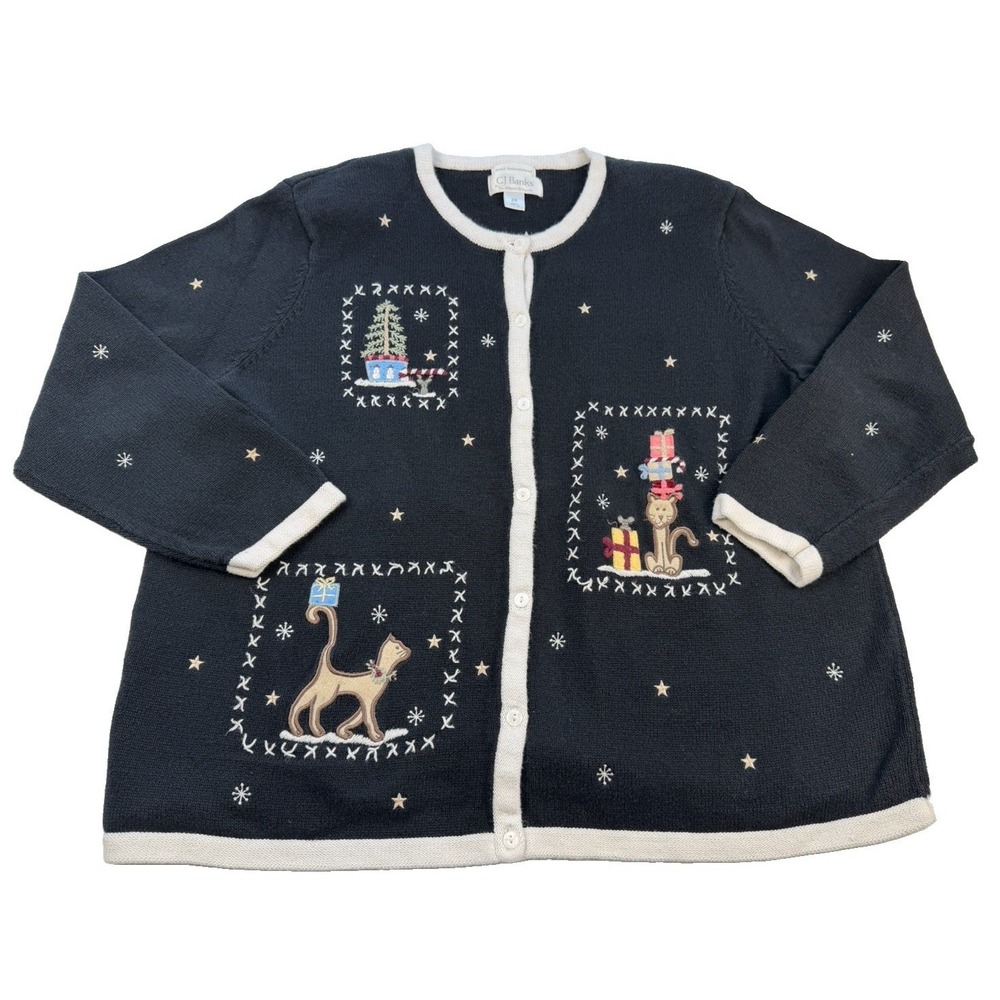 Vintage CJ Banks Christmas Cat Cardigan 2X Embroidered Holiday Sweater Plus Size